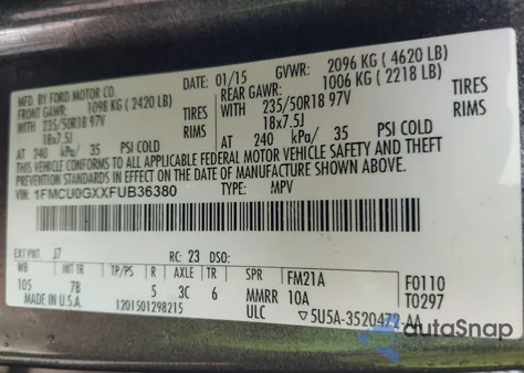 2015 Ford Escape Se z USA, uszkodzony, nr VIN 1FMCU0GXXFUB36380